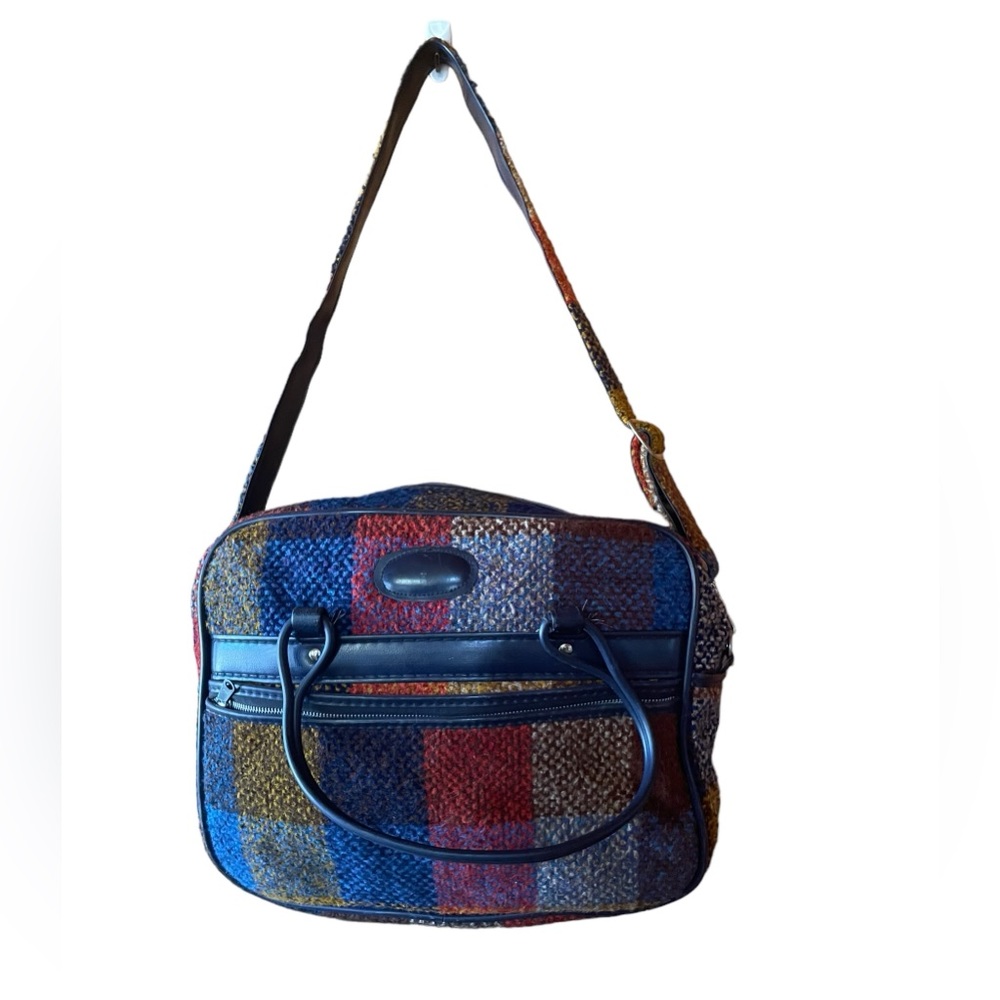 1980s Plaid Knit Over The Shoulder Travel Bag